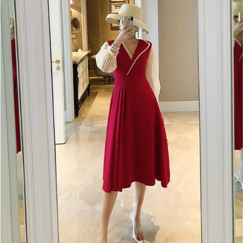 

S-XXL Plus Size Autumn Winter Evening Party Dress Women Long Sleeve Pleated Black Dinner Dress for Women Big Swing Vintage Dress