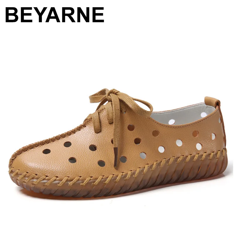 

BEYARNE white Flat shoes women genuine leather loafers lace-up Hollow casual shoes fashion soft walking shoes sapatos feminino