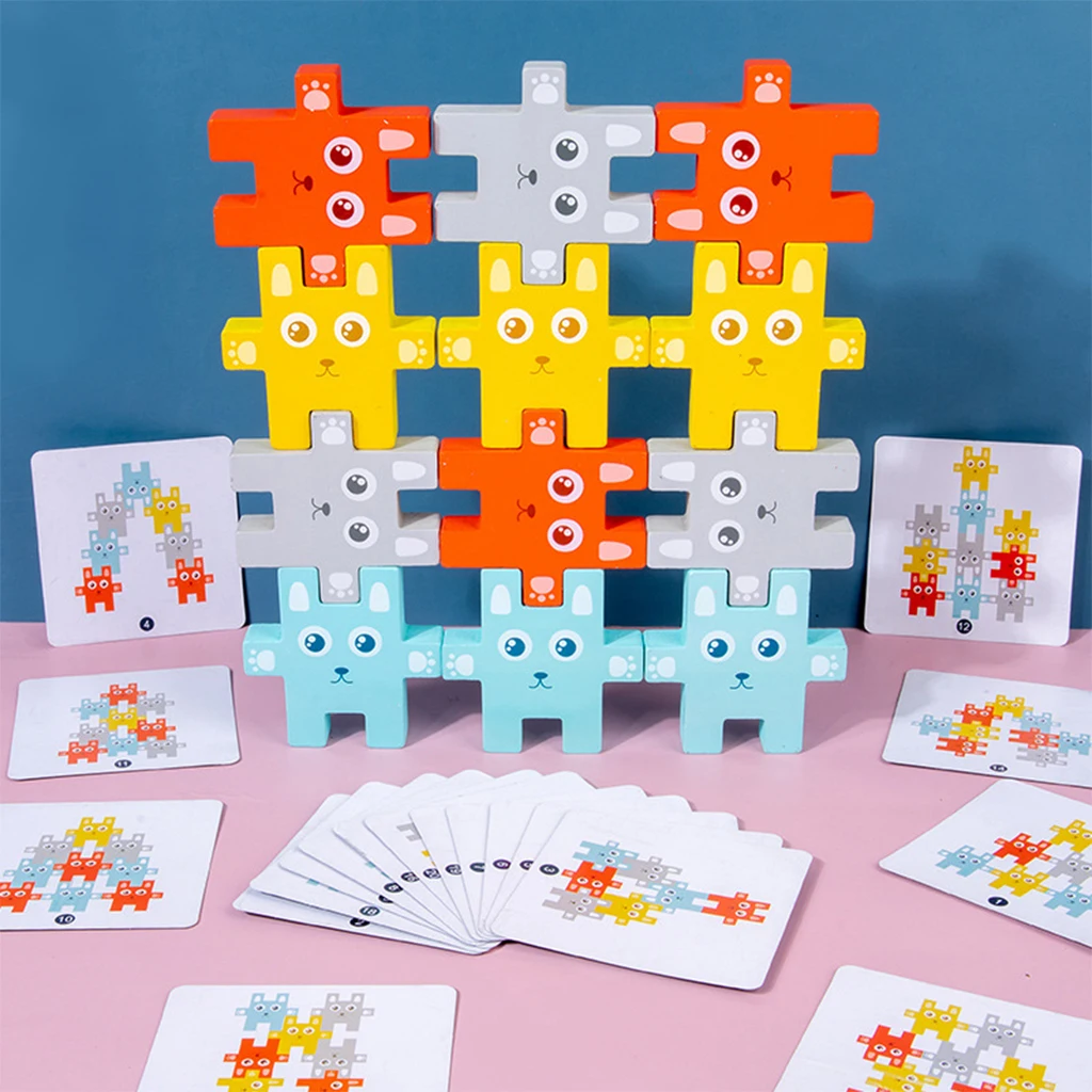 Juego de bloques de construcci&oacute;n de conejo de madera para ni&ntilde;os, juguete educativo apilado, interactivo, cultivar la concentraci&oacute;n-0