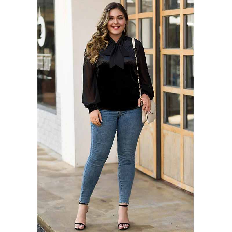 Вельветовая женская футболка с галстуком-бабочкой Сетчатая длинным рукавом