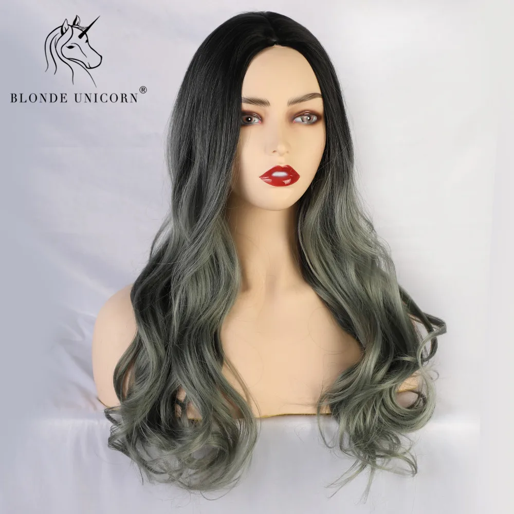 Парики из искусственных волос без шапочки основы длиный волнистый зеленый парик