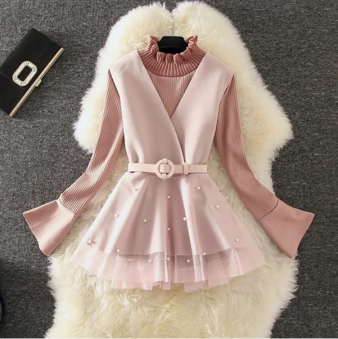 Новая весенняя и осенняя Женская трикотажная рубашка с длинным рукавом+ вышитый бисером марлевый жилет из двух частей, милые женские топы с поясом