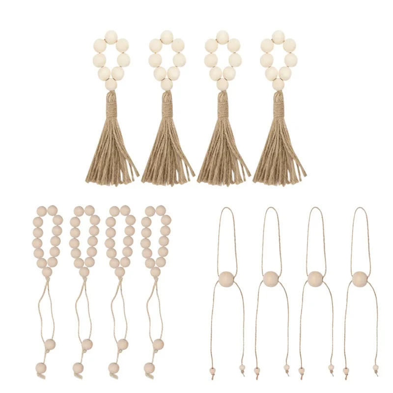 

4PCS Wall Hanging Decorative Ornaments Wood Bead Garland Napkin Rings Tassels Rustic Napkin Holder Ring