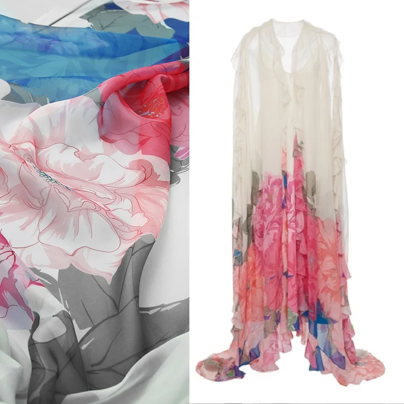 

Spring European brand fairy air elegant big flower chiffon printed fabric designer fabric for dress fashion sewing cloth by yard