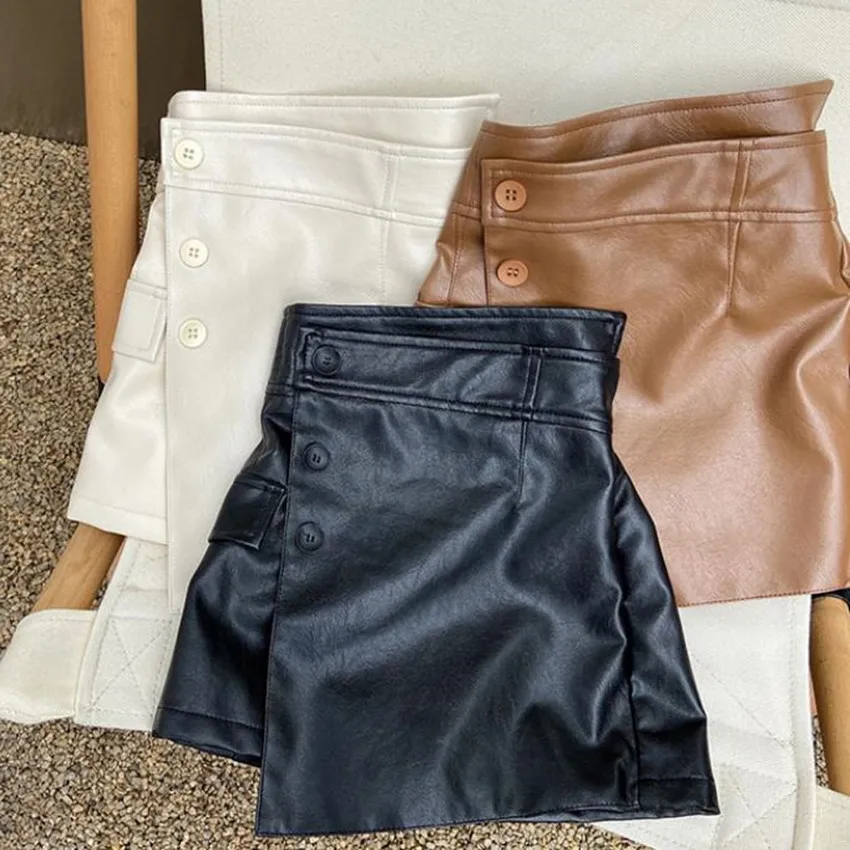 

2022 Spring Autumn Girls Pu Skirt Baby Skirt Shorts Kids Fake Skirt Children Bottoms Fashion Faux Leather Irregular Button