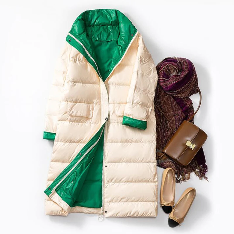 Женский пуховик на белом утином пуху 90% зимняя куртка свободного кроя длинный со