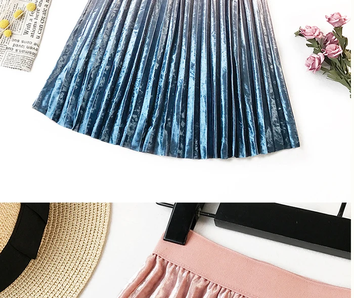 SURMIITRO Warm Velvet Midi Skirt Women Autumn Winter Korean Pink Gradient Ladies High Waist Pleated Long Skirt Female