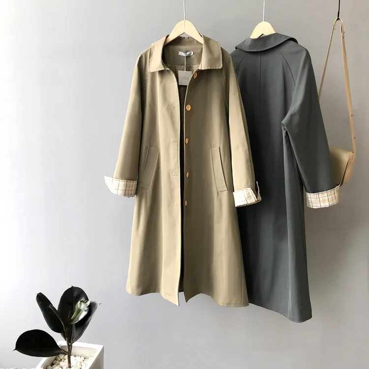 Женское длинное пальто с отложным воротником свободный тренчкот цвета хаки