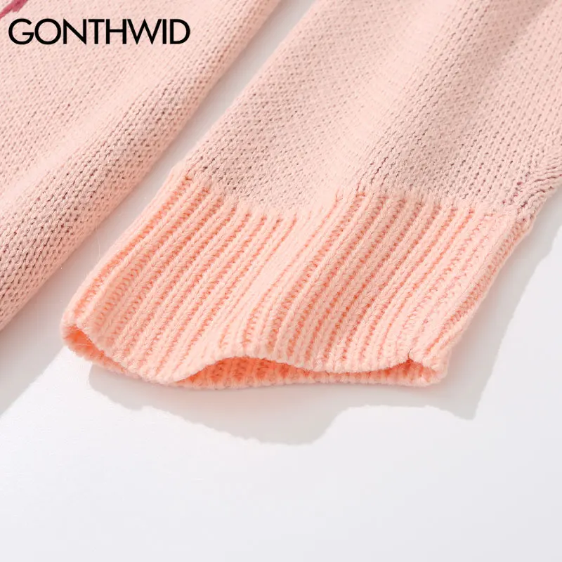 

GONTHWID Sweaters Harajuku Embroidery Cartoon Girl Boy Knitted Jumpers Streetwear Hip Hop Casual Knitwear Loose Men Fashion Tops