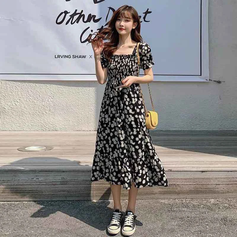 

AECU Women's Dress Spaghetti Strap mid calf Length Dress Women Boho Short Sleeve Dress Square Collar Casual Shirt Dresses Robe
