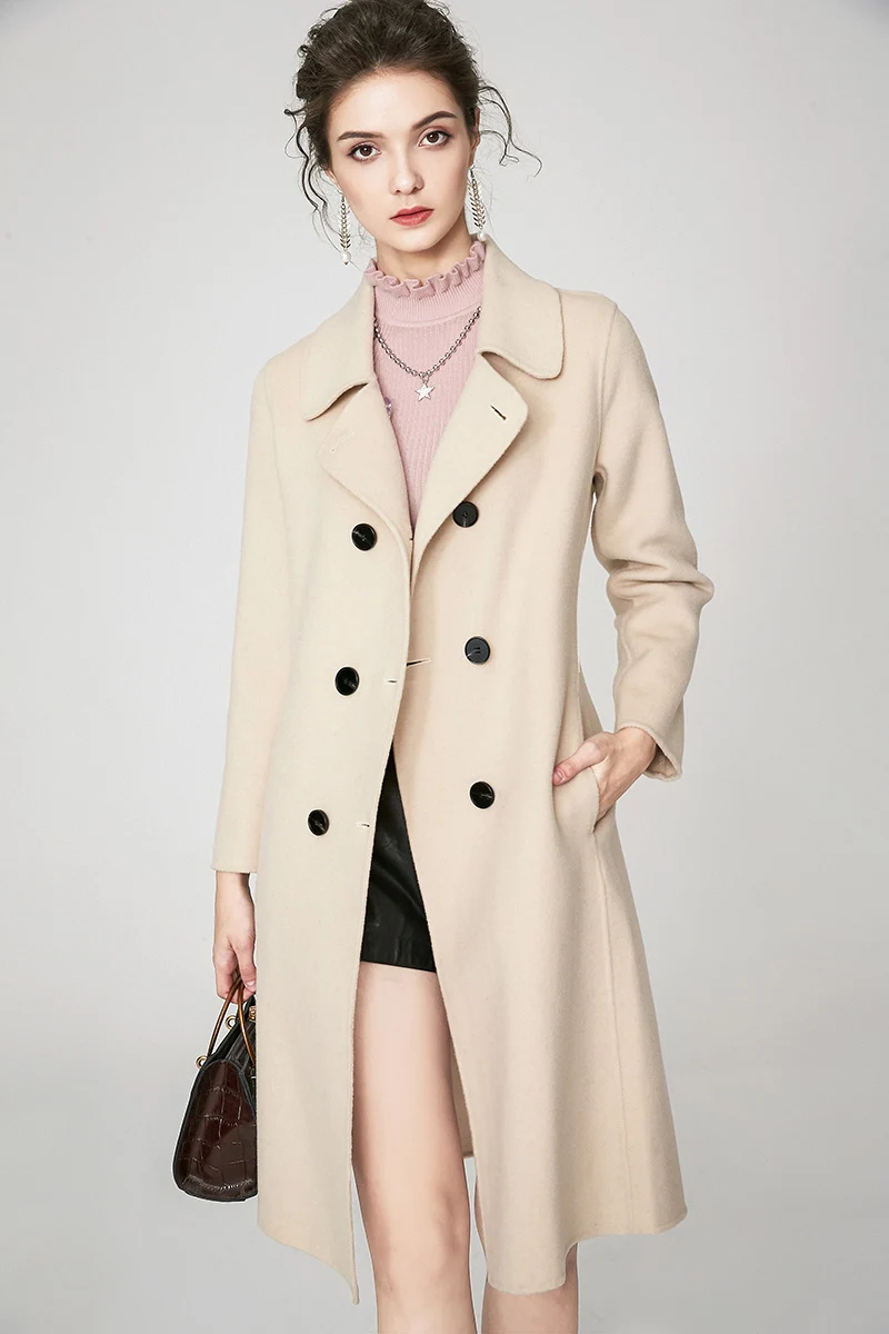 Женское подиумное пальто отложной воротник длинный рукав пояс двойной кашемир