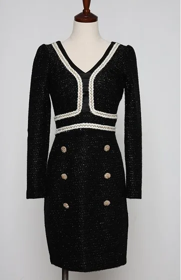 

Fashion Designer Hit Color Patchwork Tweed Dress Vintage Spring Autumn Women V-Neck Long Sleeve Office OL Casual Slim Mini Dress