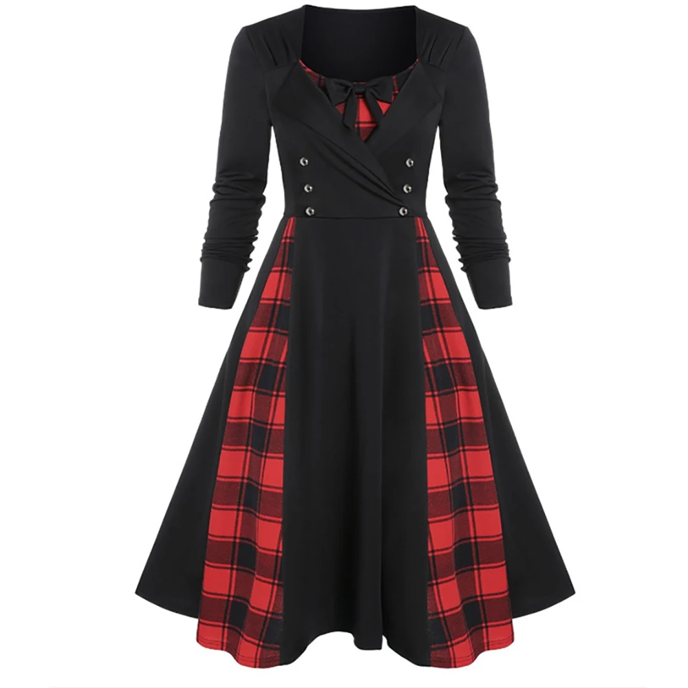 Женское двубортное платье в контрастную клетку осеннее красного черного цвета