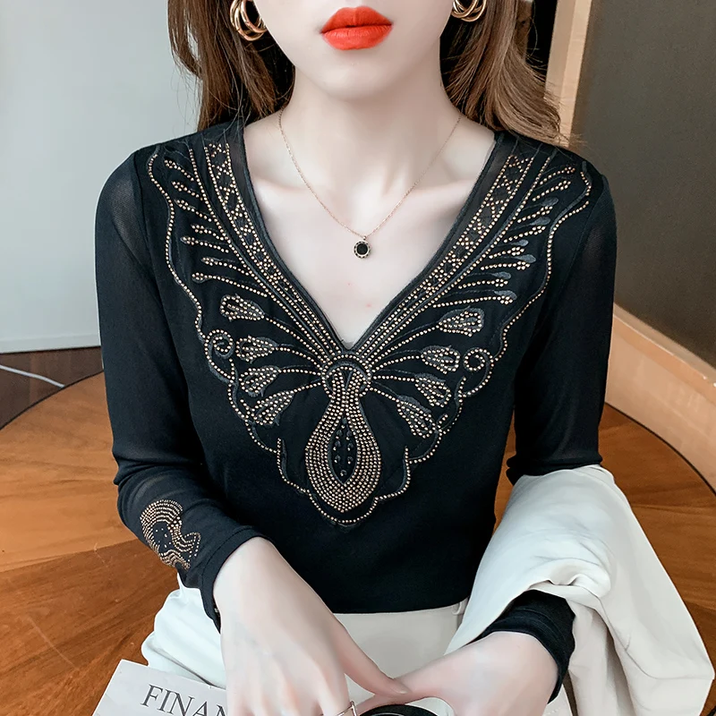 

New Autumn Winter Women's T-Shirt Fashion Casual Long Sleeve V-Neck Hot Drilling Mesh Tops Plus Size Female Shirt