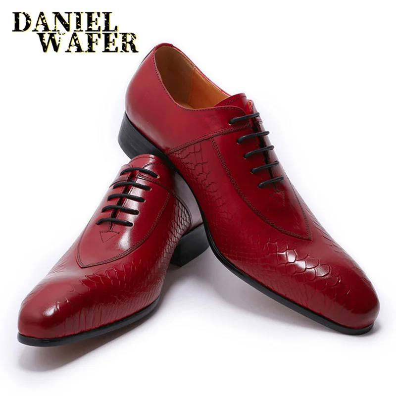 Модные мужские кожаные туфли со змеиным принтом черные красные повседневные