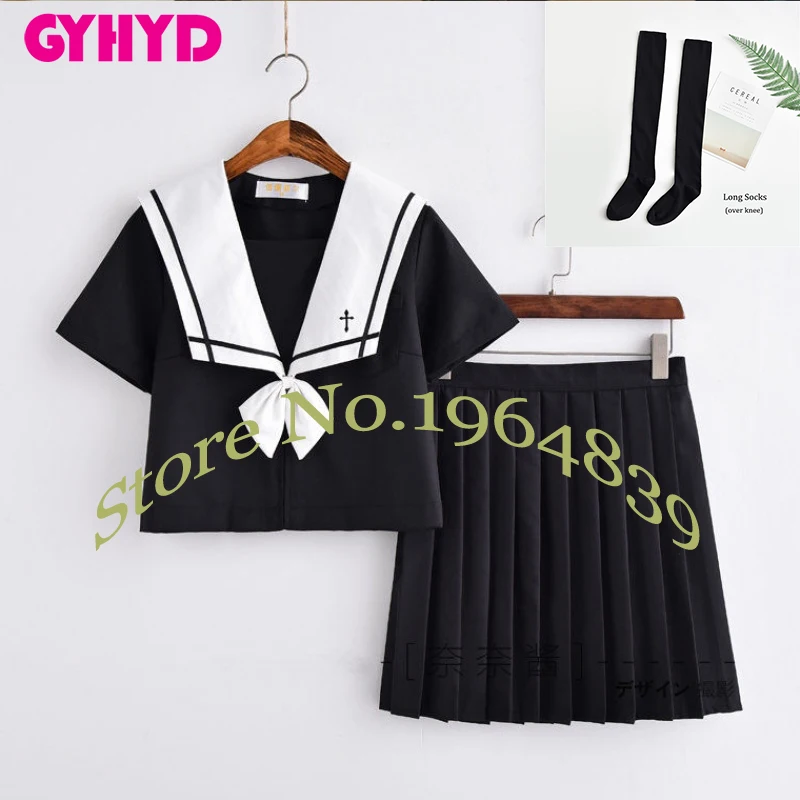 Short Set With Socks В стиле японской школьницы, униформа для девочек, с вышивкой, японский топ+ юбка+ галстук, школьная одежда, униформа, костюм Юнга, черно-белого цвета - Цвет: Short Set With Socks
