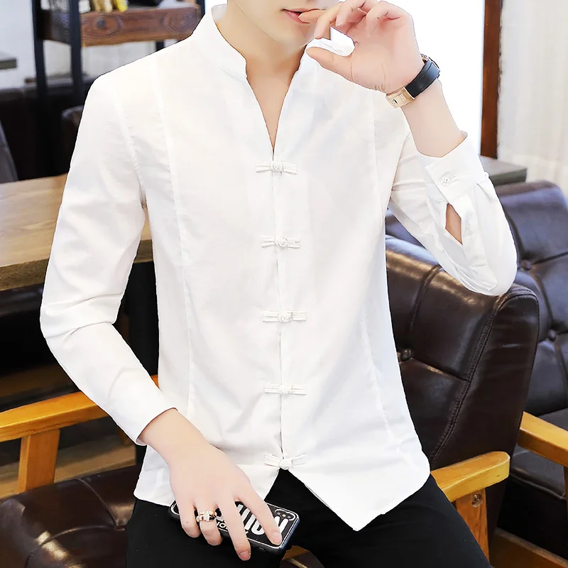

Men's Long Sleeve Vintage Chinese Style White Black Shirt Stand Collar Casual Tang Top Spring Autumn H36