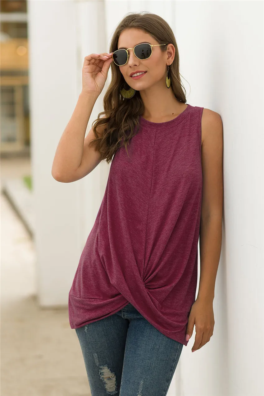 Женская майка без рукавов летняя Однотонная футболка элегантная с галстуком