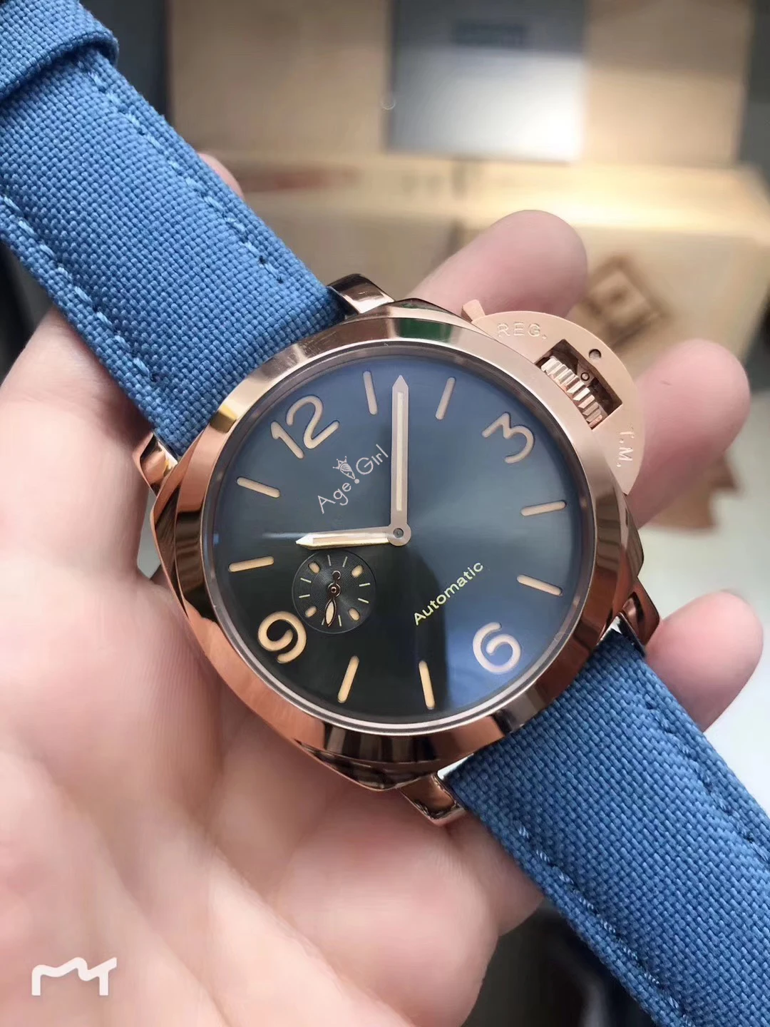 

New Men Automatic Mechanical Stainless Steel Blue Canvas Leather Rose Gold Sport Dive Watches Limited Black Dial 44mm AAA+
