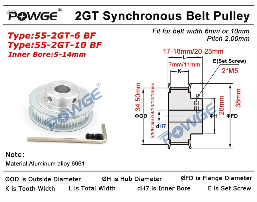 POWGE GT 55 зубцов 2GT зубчатый шкив Диаметр отверстия 5/6/6. 35/7/8/10/12/14 мм для GT2 открытая