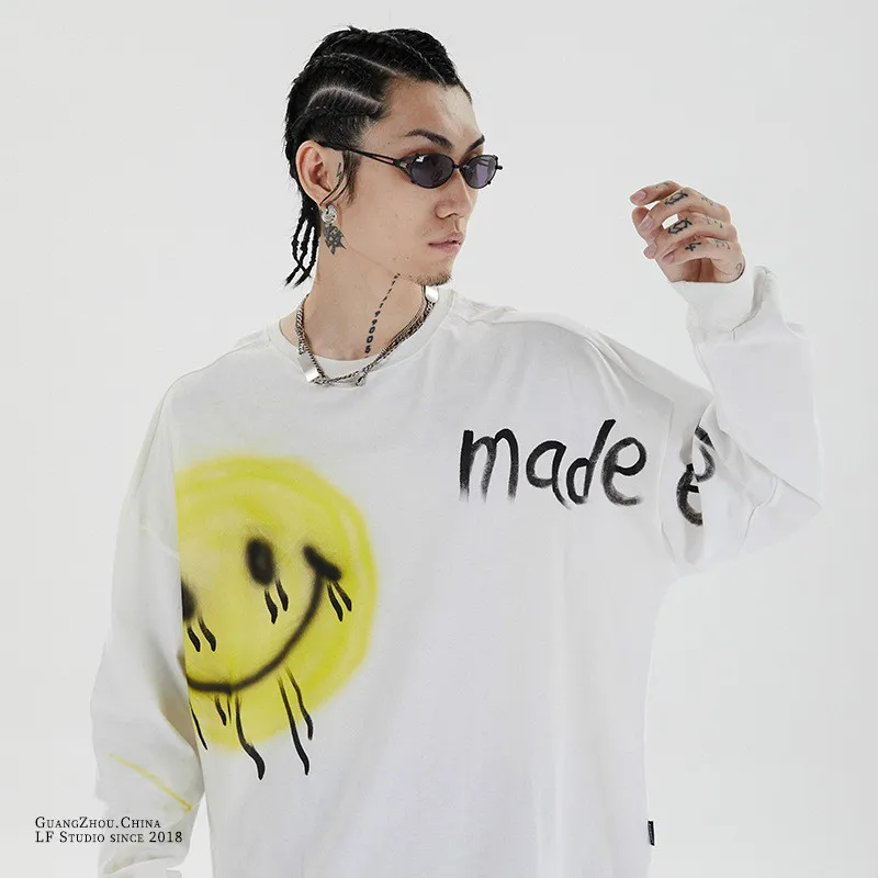 

Men Streetwear Hip Hop smile Graffiti T Shirt Long Sleeve Harajuku Tshirt Oversized Autumn Loose T-shirt Cotton Causal Tops Tees
