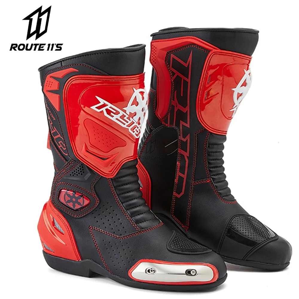 

Men Motorcycle Boots Motocross Boots Leather Botas Moto Motorbike Racing Riding Boots Motorcycle Shoes Black Red For 4 Season
