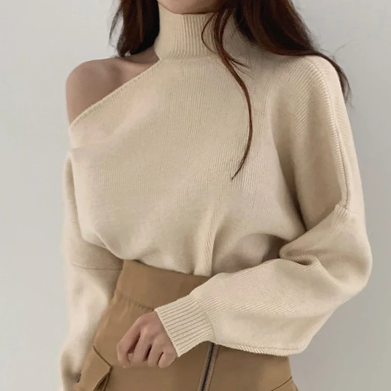 Женский вязаный пуловер с одним плечом свитер высоким воротником джемперы