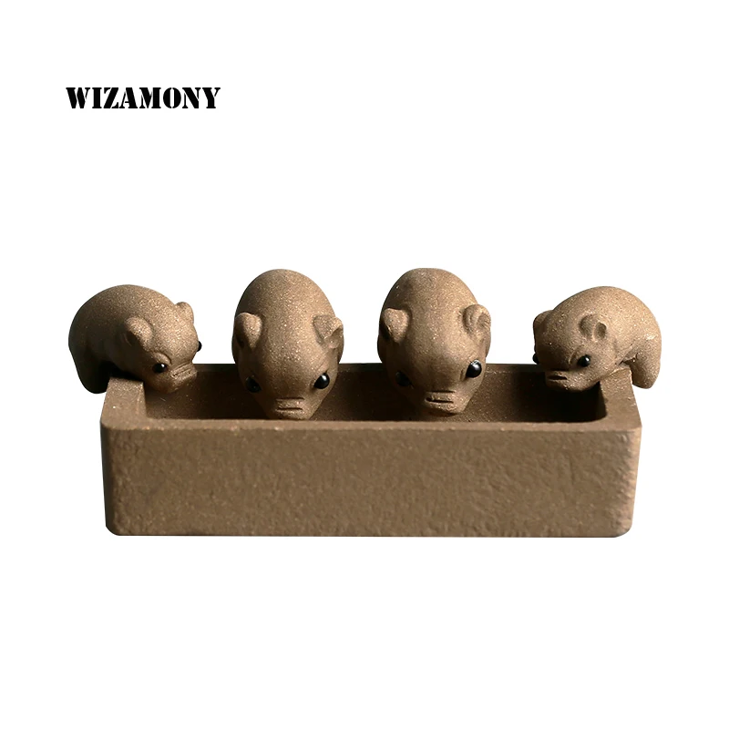 

1PCS WIZAMONY Tea Pet Little Pigs Drink Water Chinese Crude Pottery Home Decoration Tea Accessories