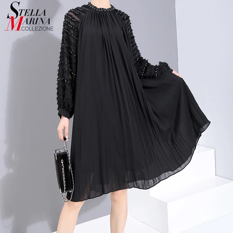 * Новое однотонное черное 2019 Женское зимнее модное плиссированное платье и пояс