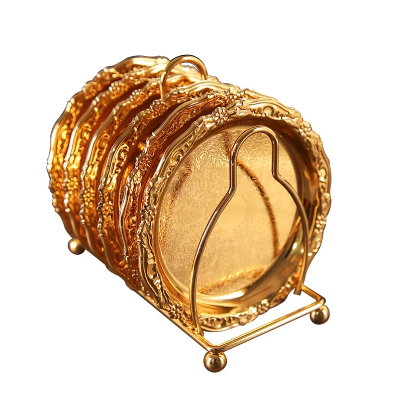 

6 Pieces European Style Golden Tea Coasters High-end Household Tea Coasters Insulation Pad Ornaments Zinc Alloy Material