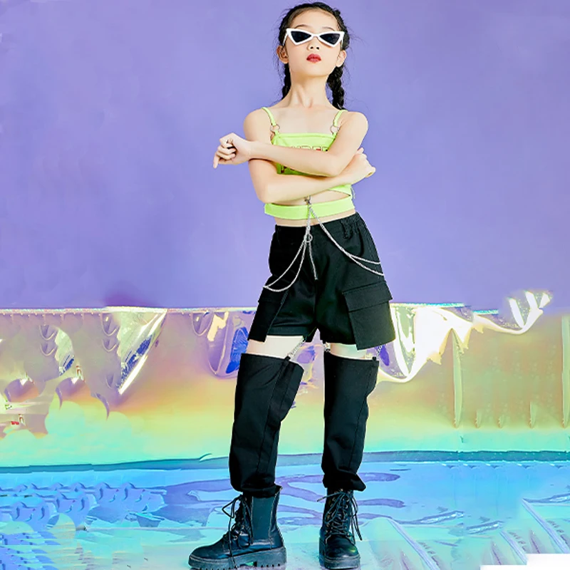 Костюм для джазового танца топы с цепочкой девочек черные штаны детей крутая