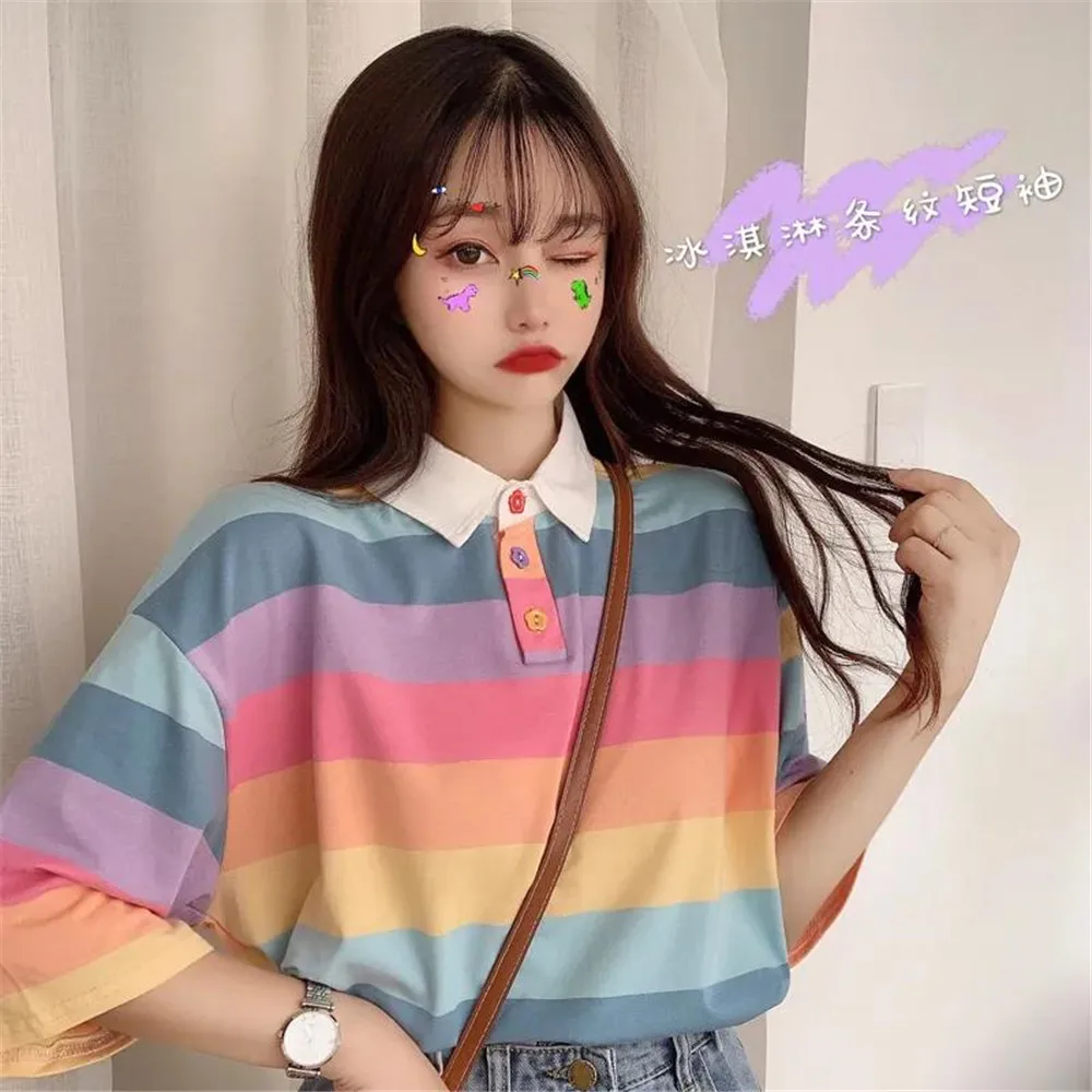 

Cute Rainbow Polo Shirt Girl Fashion Women Cartoon Patchork T-Shirt Funny Cotton Kawaii Harajuku Tops Summer Gothic T Shirt