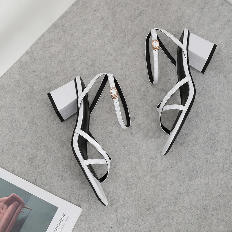 

Women's genuine leather ankle strap sandals open toe summer thick high heel elegant ladies dress pumps cross strap shoes women