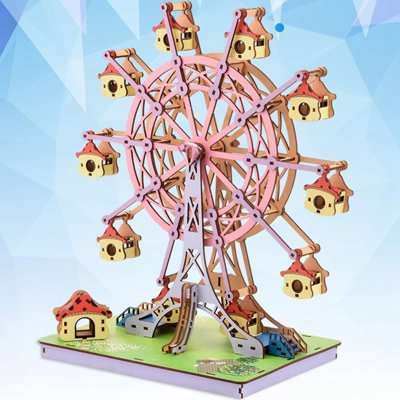 

Rotatable DIY 3D Wood Block Puzzles Ferris Wheel Building Pink Block Kits Assembly Toy Gift for Children Adult