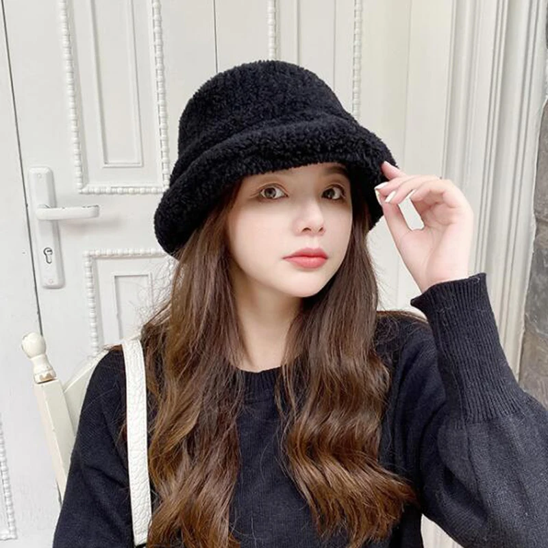 

Winter Warm Teddy Velvet Hats for Women Lady Thicken Bob Panama Outdoor Fisherman Hat Caps Lamb Faux Fur Bucket Hat