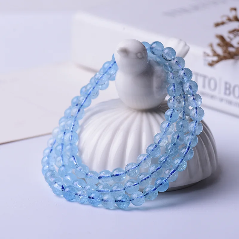 

Natural Blue Ice Aquamarine Quartz Bracelet 6mm 3 Laps Clear Round Beads Crystal Wealthy Stone For Women Men AAAAA