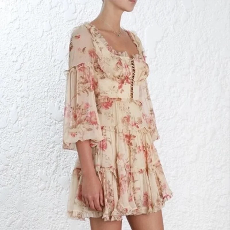 2019 European Print Vinatge Long Sleeve Clothes Women Dresses Ruffles Floral Printed Sexy&ampclub Spring Summer Chiffon Dress S002 |