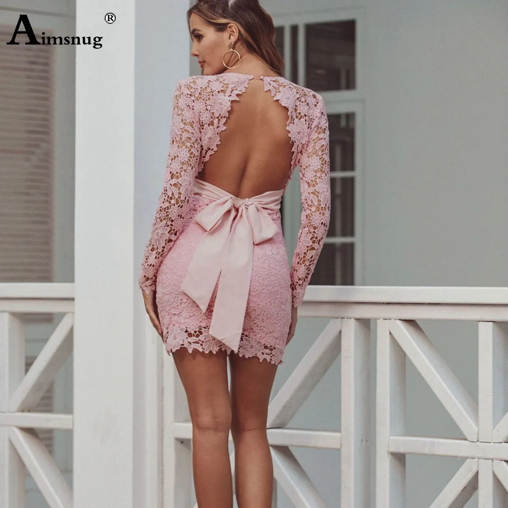 

Summer Party Dress Sexy Black Sexy Deep V Neck Backless Lace Short Dresses Women Casual Hollow Out Long Sleeve Dress Femme 2020