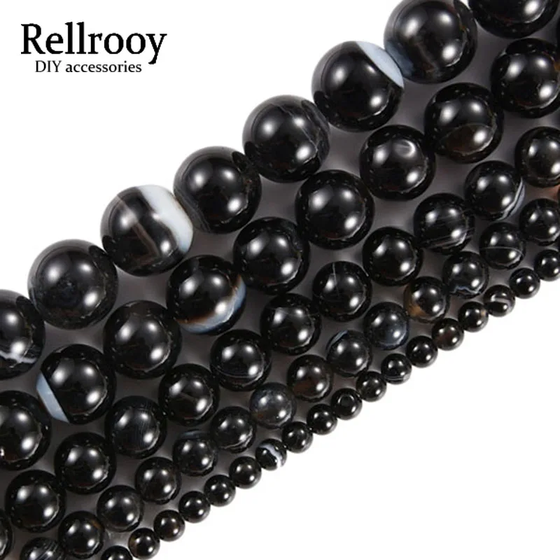 Черный полосатый оникс агат натуральный камень Круглые бусины для изготовления