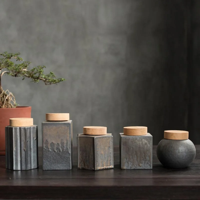 

Tea Caddies Creative Tea Storage Jar Ceramic Geometric Seal Caddy with Wood Cover Container Tea Ceremony Teaware Accessories