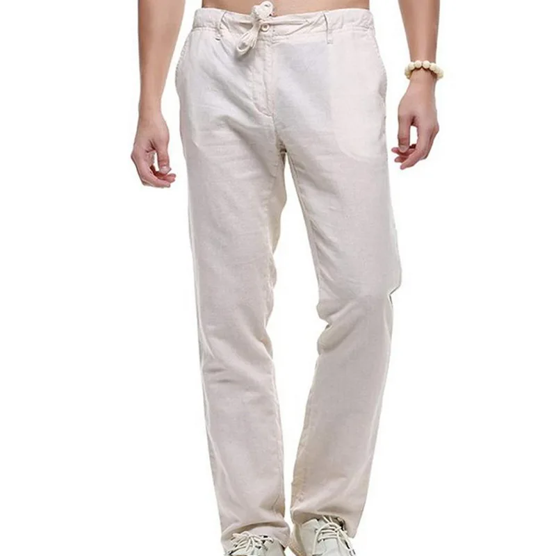 Мужские повседневные брюки белые льняные прямые из натурального хлопка с