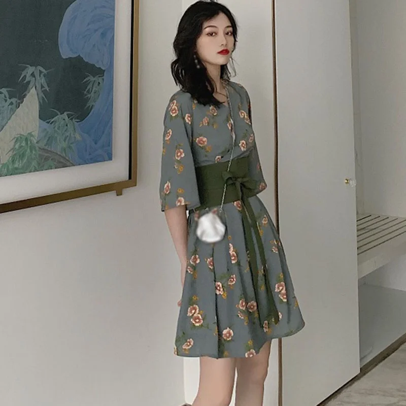 

Women 2021 Korean Long Floral Dress Sexy V Neck Slim High Waist Bandage Summer Dress Ladies A Line Print Maxi Dresses