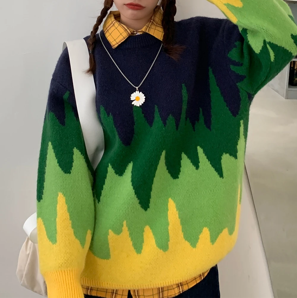 

Chic Korean Retro Contrast Color Sweater Round Neck Fashion Women'S Sweater 2020 Autumn And Winter Candy Color Pullover Sweater