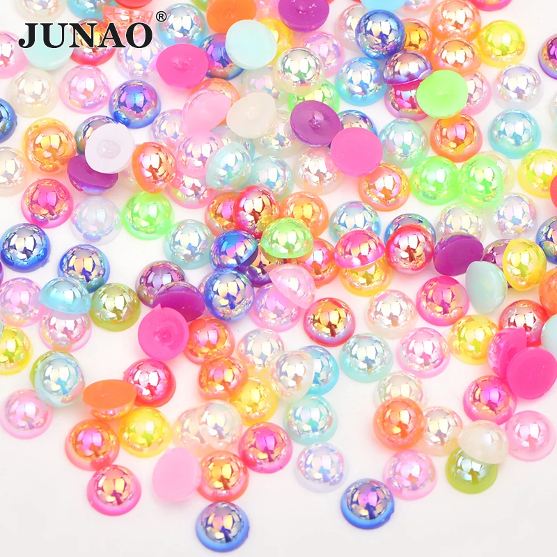 

JUNAO 6 8 10 12mm Mix Color Half Round Pearl Beads AB Rhinestone Pearl Applique Flatback Scrapbook Beads for DIY Garment Jewelry