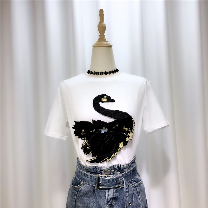 

White Short-sleeve T-shirt New Arrival 2020 Summer Korea-style Embroidery Swan O Neck Pullovers Top Casual Students Tees Girls