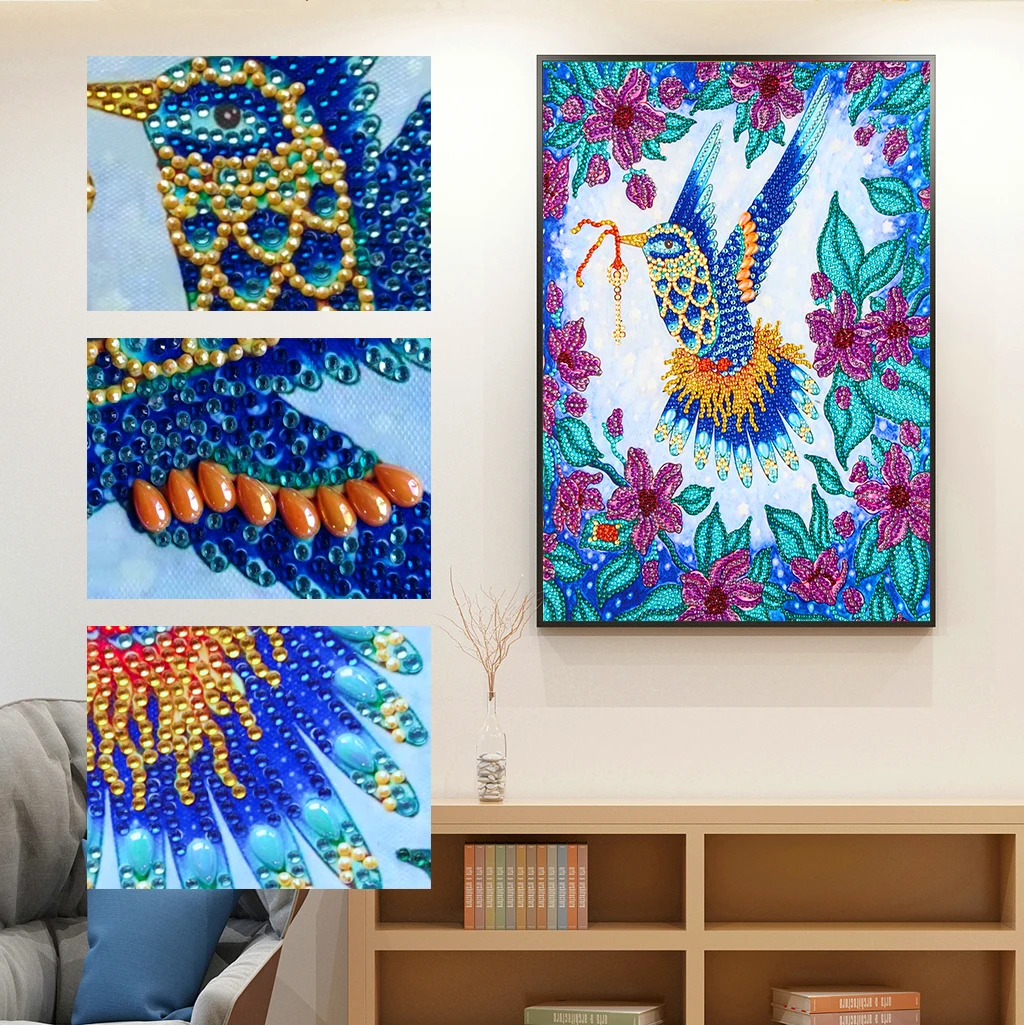 Diy Diamond Embroidery Mosaic Painting Cross Stitch,Special Shaped Crystal Bright Beads Flying Owl Among Flowers Decorative Gift