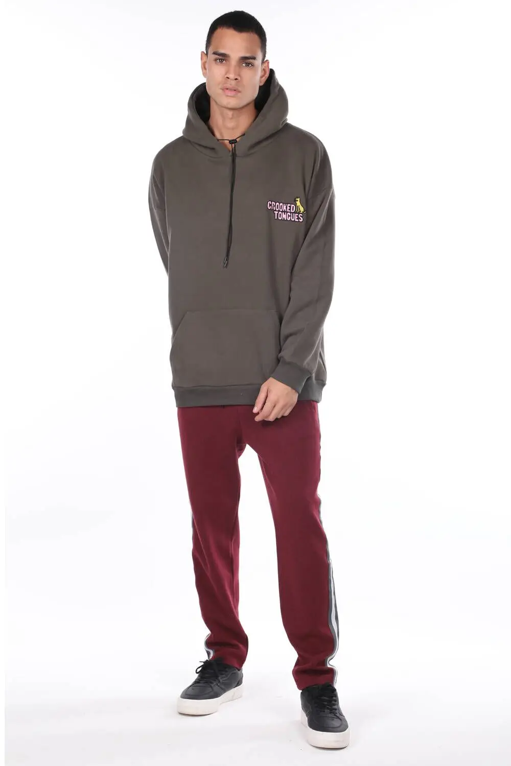 

Mens Khaki Kangaroo Pocket Back Printed Hooded Sweatshirt