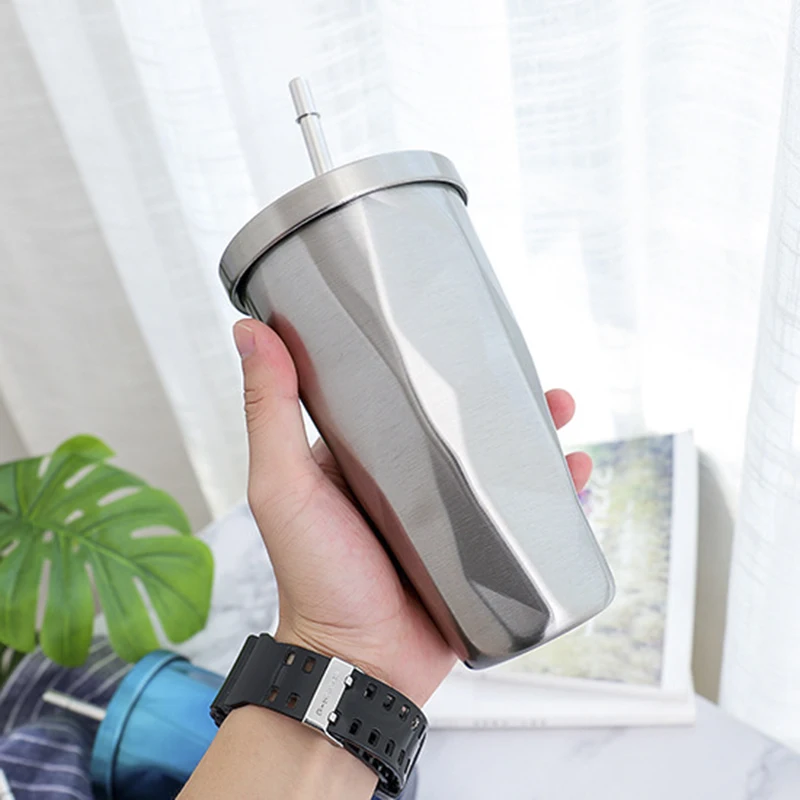 

1PC Gradient Color Irregular Stainless Thermos Mug Creative Large Capacity Straw Cup Office Cups For Men And Women