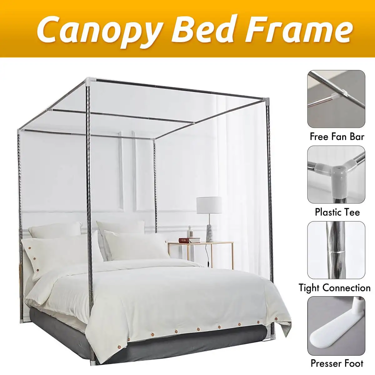 

Stainless Steel Mosquito Net Frame Bed Canopy Bracket for Four Corner Bed Easy Install Bed Netting Support without Mosquito Net