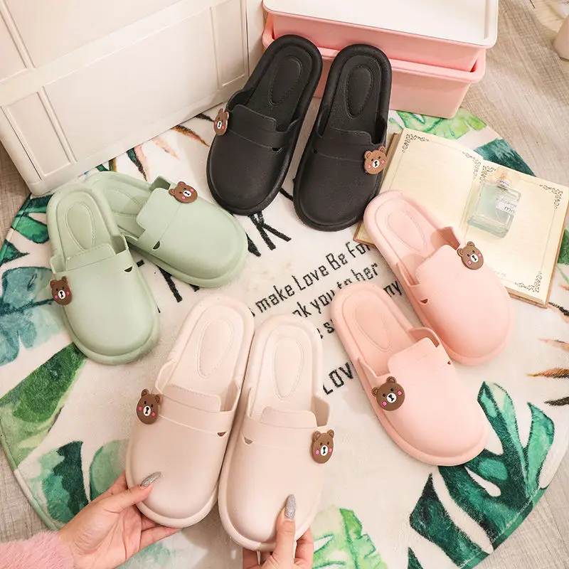 

QWEEK Women Kawaii Bear Slippers Sandals Summer Shoes Flip Flops Flat Rubber House Bedroom Slides Designer Slip-on Spring Soft